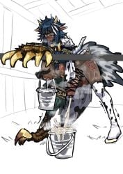 1girl absurdres animal_ears animal_print bar_censor bird_legs blood blue_hair breast_tattoo bucket catnip_scent censored claws commentary_request cow_ears cow_horns cow_print cum ejaculation futanari highres horns korean_commentary lactation leg_tattoo limbus_company long_hair nosebleed penis_milking project_moon rufo_(project_moon) shudder single_leg_pantyhose solo stable tail talons tattoo testicle_tattoo