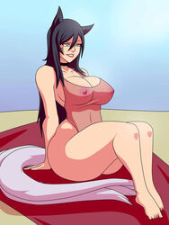 ahri beach black_hair breasts cleavage collar dressed female female_only fox_ears fox_girl fox_tail huge_ass justonehuman large_breasts league_of_legends long_hair nipples solo_female swimwear