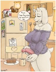 2026 anthro appliance balls big_breasts bodily_fluids boss_monster_(undertale) bottomless bovid breasts butt cabinet cake calendar caprine cereal_box chair clothed clothing cum cum_in_beverage cum_in_coffee cum_in_container cum_on_cake cum_on_food cum_string dessert dialogue digital_drawing_(artwork) digital_media_(artwork) english_text eyes_closed food fridge furniture futanari genital_fluids genitals goat gynomorph hi_res holding_balls holding_own_penis horn huge_breasts humanoid_genitalia humanoid_penis intersex kitchen kitchen_appliance mammal mccheeky64 nipple_outline penis photo purple_clothing purple_sweater purple_topwear recipe shoulderless_sweater side_view sink solo speech_bubble sweater text topwear topwear_only toriel undertale_(series)