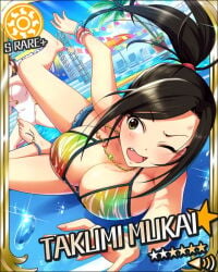 10s 2girls bikini black_hair bracelet breasts brown_hair character_name cleavage fang idolmaster idolmaster_cinderella_girls jewelry katagiri_sanae large_breasts long_hair mukai_takumi multiple_girls necklace o-ring o-ring_one-piece_swimsuit official_art one-piece_swimsuit open_mouth ponytail pool sideboob smile sun_symbol swimsuit water annindoufu_(oicon) card_(medium)