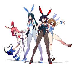 4girls angry bass_guitar blue_eyes breasts brown_eyes brown_hair brunette bunny_ears bunny_girl bunnysuit cuffs electric_guitar female female_only fishnet_legwear fishnet_stockings fishnets flcl guitar gyosone hands_on_hips haruko_haruhara_(cosplay) high_heels jakuzure_nonon kill_la_kill kiryuuin_satsuki knee_socks kneehighs kneesocks leotard long_hair looking_at_viewer looking_down mankanshoku_mako matoi_ryuuko multiple_girls musical_instrument pale_skin pink_hair scowl short_hair smile smiling socks two_tone_hair weapon white_background white_socks