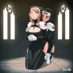 2d 2d_animation 2girls animated black_dress black_legwear blush breast_grab cleavage cleavage_cutout derpixon dubious_consent duo female female_only full_body gif gloves grin groping kneeling large_breasts massage multiple_girls nun praying sister_freyla sitting test_of_faith thighhighs yuri