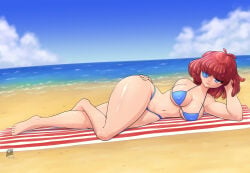 1girls ragatha_(the_amazing_digital_circus) the_amazing_digital_circus buho01 red_hair hair short_hair on_side button_eye blue_eyes hand_on_head beach big_breasts breasts cleavage blue_bikini bikini bikini_top bikini_bottom topwear bottomwear wide_hips hips swimwear hand_on_hip full_body feet thighs legs barefoot solo solo_female female female_only alternate_version_available textless textless_version