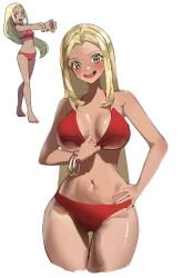 bikini blonde_hair blush breasts hand_on_hip large_breasts long_hair looking_at_viewer navel npc_trainer pokemon ppangchil slim_waist smile swimmer_(pokemon) swimmer_(pokemon_xy) tagme tan_body thick_thighs tugging_clothing wide_hips yellow_eyes