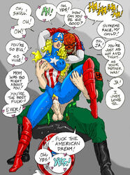 1boy 1girls american_dream bald bald_man big_breasts big_penis blonde_hair breast_grab breasts captain_america's_shield captain_america_(series) dialogue english_text erection female female_pubic_hair human ksennin large_breasts large_penis long_hair male marvel marvel_comics moaning nipples penetration penis pubic_hair red-skinned_male red_skin red_skull reverse_cowgirl_position sex shannon_carter speech_bubble straight swastika text vaginal_penetration