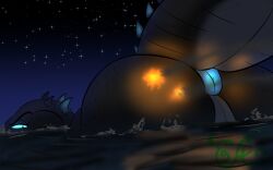 anthro anus ass_up big_butt butt butt_focus digital_media_(artwork) explosion extreme_size_difference female genitals godzilla godzilla_(2014) godzilla_(series) hi_res horn kaiju macro monsterverse muscular mythological_creature mythological_scalie mythology nude nude_anthro nude_female partially_submerged presenting presenting_hindquarters reptile scales scalie simple_background size_difference solo solo_focus spicyscaliearts spikes swimming tail toho vulva water