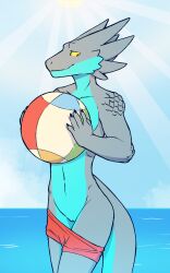 2026 absurd_res andromorph anthro athletic athletic_andromorph athletic_anthro athletic_intersex ball beach_ball black_claws blue_body bottomwear bottomwear_down claws clothed clothing cloud day drayk_dagger embarrassed embarrassing_exposure genitals grey_body grey_scales hi_res holding_ball holding_object inflatable intersex light light_beam looking_away looking_down morgdl mouth_closed multicolored_body no_irises partially_clothed partially_clothed_andromorph partially_clothed_anthro partially_clothed_intersex pupils red_bottomwear red_clothing red_shorts scales shorts shorts_down shurian sketchy slit_pupils solo standing sun sunbeam sunlight tail two_tone_body two_tone_tail vulva wardrobe_malfunction water yellow_sclera