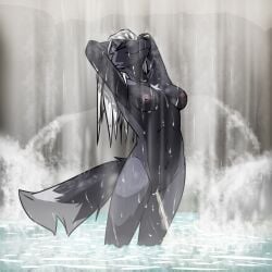 anthro areola bathing bodily_fluids breasts canid canine digital_media_(artwork) eyes_closed female female_peeing fox fur genital_fluids genitals hair hi_res mammal nipples nude outdoor_nudity outside partially_submerged peeing peeing_into_water ryofox630 smile solo standing tail urine urine_stream vulva water waterfall waterfall_shower wet wet_body wet_fur wet_hair