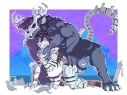 abdominal_bulge absurd_res american_mythology anal anal_penetration anthro anthro_on_anthro anthro_penetrated anthro_penetrating anthro_penetrating_anthro antlers armor ball_tuft balls bodily_fluids bone bone_jewelry bone_tail bouncing_balls broken_armor broken_sword chokehold claws clenched_teeth clothing cum cum_while_penetrated domestic_cat drooling duo exposed_bone felid feline felis genital_fluids genitals hand_on_butt hi_res horn humanoid_genitalia humanoid_penis indigenous_north_american_mythology knight male male/male mammal melee_weapon monster muscular muscular_anthro muscular_male mythology north_american_mythology penetration penis questionable_consent removed_clothing rough_sex saliva sex skull skull_head sword teeth the-secret-x torn_armor torn_clothing tuft warrior weapon wendigo white_claws yura_kazzarin_(skullmoss)