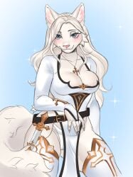 2024 5_fingers angel_(angellumen) angellumen anthro bangs belt belt_buckle bent_arm black_belt black_eyebrows blue_background blue_eyes blue_pupils blush breasts buckle camel_toe claws cleavage cleric closed_smile clothed clothed_anthro clothed_female clothing collarbone colored cross cross_necklace dagger digital_drawing_(artwork) digital_media_(artwork) dress ear_tuft english_description eyebrow_through_hair eyebrows eyelashes eyelashes_through_hair felid feline female female_anthro finger_claws fingers fluffy fluffy_tail fur genital_outline hair happy hi_res inner_ear_fluff jewelry legwear lidded_eyes light lighting long_hair mammal medium_breasts melee_weapon mouth_closed necklace pink_nose portrait pupils shaded simple_background smile solo tail thigh_highs three-quarter_portrait trans_(lore) trans_man_(lore) translucent translucent_hair tuft underwear vulva_outline weapon white_body white_claws white_clothing white_dress white_fur white_hair white_inner_ear_fluff white_legwear white_tail white_thigh_highs white_underwear