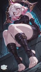 ai_generated ai_assisted breasts uncensored thick_thighs thighs thick_ass curvy curvy_female curvy_body moonwool_branch short_hair medium_breasts white_hair white_eyes red_sclera pale_skin bare_shoulders sharp_teeth pointy_ears briar_(league_of_legends) league_of_legends solo solo_focus solo_female female female_only female_focus seductive seductive_smile seductive_look seductive_pose seductive_mouth seductive_eyes barefoot feet toes foot_focus foot_fetish stirrup_legwear looking_at_viewer open_mouth smile smiling