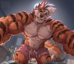 physen zuel_(ruugoole) canid canine canis iberian_wolf mammal wolf 2026 absurd_res hi_res abs anthro barazoku bed bedroom biceps bottomwear ceiling ceiling_lamp chest_tuft clothed clothing deltoids dresser first_person_view forearm_muscles fur furniture green_eyes grey_hair hair lamp light lip_scar looking_at_viewer low-angle_view male multicolored_body multicolored_fur muscular muscular_anthro muscular_male navel on_bed orange_body orange_fur pecs plant plant_pot potted_plant pubes red_bottomwear red_clothing red_shorts shorts shorts_only solo striped_body striped_fur stripes sunlight tail tan_body tan_fur tan_hair topless tuft