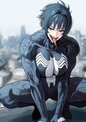 1girl black_hair blue_eyes bodysuit breasts drool drooling female female_only grin large_breasts long_tongue looking_at_viewer marvel muscular muscular_female open_mouth outdoors raised_eyebrow sharp_teeth short_hair skin_tight smile solo spread_legs squatting symbiote teeth tight_clothing tongue tresmarrow veins veiny_arms venom_(marvel)