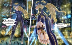 barefoot bel_(beltorchika12) beltorchika12 blonde_female blonde_hair blue_bodysuit blue_eyes bodysuit city_background clean_feet clean_foot destruction dialogue dialogue_bubble feet foot_fetish foot_focus giant_female giantess giantess_feet gold_trim hasegawakein headpiece macro macro_female night night_sky no_shoes stepped_on text text_bubble tied_to_foot tinies tiny_male
