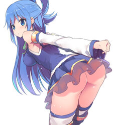 10s aqua_(konosuba) armpit_peek arms_behind_back ass bare_shoulders blue_dress blue_eyes blue_hair blue_skirt blush detached_sleeves dress female from_behind hair_ornament impossible_clothes impossible_shirt interlocked_fingers kono_subarashii_sekai_ni_shukufuku_wo! leaning_forward long_hair looking_back matching_hair/eyes no_panties shirt simple_background skirt solo stretch tam-u thighhighs very_long_hair water_drop white_background