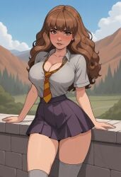 1girls ai_generated big_breasts blush breasts brown_eyes brown_hair clothed clothing curly_hair harry_potter hermione_granger large_breasts pinup school_uniform schoolgirl short_skirt skirt smile thigh_highs thighhighs wavy_hair