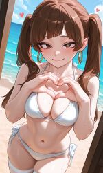 brown_eyes brown_hair pale_skin ai_generated original_character long_hair demon_slayer bangs kimetsu_no_yaiba my_hero_academia mizuki_hoshizora heart heart_symbol heart_hands aegyo boobs large_breasts looking_at_viewer looking_pleasured looking_up smiling smiling_at_viewer devoted_look girlfriend ponytail pigtails innocent bikini bikini_top bikini_bottom white_bikini stockings thighs thighhighs thigh_highs hoop_earrings