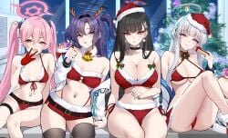 belt big_ass big_breasts bikini blue_archive choker christmas christmas_clothing christmas_outfit christmas_tree halo huge_breasts koyuki_(blue_archive) long_hair long_twintails multiple_girls noa_(blue_archive) panties present red_eyes rio_(blue_archive) shigure_s twintails yuuka_(blue_archive)