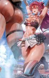 1girls armpits arms_up ass blue_eyes boots gloves heterochromia hololive hololive_english hololive_english_-promise- horns hourglass_figure irys_(hololive) irys_(race_queenrys)_(hololive) large_breasts pink_eyes pink_hair race_queen rear_view rororo skindentation skirt sweat thighs upskirt virtual_youtuber visor