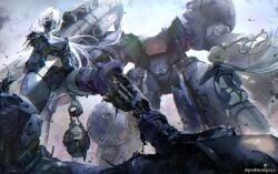 absurdres ak-15_(girls'_frontline) alva_(girls'_frontline_2) an-94_(girls'_frontline) damaged exposed_internal_machinery girls'_frontline girls'_frontline_2:_exilium grey_hair highres long_hair looking_at_viewer mask multiple_girls pinkturnip232 ponytail purple_eyes robot voymastina_(girls'_frontline_2)
