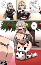 alexandrina_sebastiane zenless_zone_zero comic_page comic maid maid_headdress maid_uniform maid_outfit red_eyes grey_hair bondage rope_bondage christmas christmas_tree gift ball_gag gagged gag spoken_heart large_breasts large_ass thighhighs crotch_rope cow_print cow_print_bikini bikini lingerie