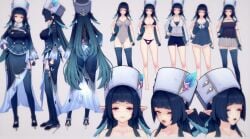 bangs bikini blue_hair celaeno_(genshin_impact) character_sheet different_clothes genshin_impact hand_on_hip long_hair medium_breasts multiple_poses petite_body posing see-through_clothing