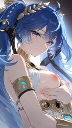 1girls ass bare shoulders thighs blue eyes breasts out female long hair nipples seductive look pose smile smiling thick twintails white body skin iuno_(wuthering_waves) wuthering_waves ai_generated
