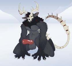 absurd_res akefesauce american_mythology animal_genitalia animal_penis anthro antlers ball_tuft big_penis black_body black_fur bone bone_tail canine_genitalia canine_penis claws crouching exposed_bone fangs fur genitals grey_body grey_fur hi_res horn indigenous_north_american_mythology knot knotted_penis male monster mythology north_american_mythology penis presenting presenting_penis skull skull_head solo teeth tuft wendigo white_claws yellow_eyes yura_kazzarin_(skullmoss)