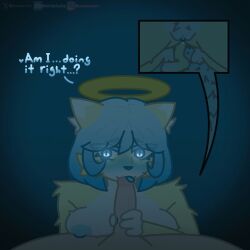 1:1 alternate_universe angel angel_halo animated anthro bent_legs blue_eyes blue_hair blue_nipples blue_pupils blue_tongue blue_vulva carpet cyn_(heavensyuri) dark_room dialogue duo felid feline female fur genitals hair halo handjob heavensyuri hi_res human humanoid_genitalia humanoid_penis hybrid image_bubble in_the_dark kneeling kneeling_on_ground kneeling_oral_position licking male male/female mammal multicolored_body multicolored_fur nipples penile penis pupils sex tail tongue tongue_out undertale_(series) undertale_au vulva whiskers white_body white_fur yellow_body yellow_fur yuri_(heavensyuri)