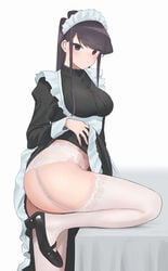 1girls 2d ass big_ass big_breasts black_eyes black_hair breasts dat_ass female female_only garter_belt heels high_heel_boots komi-san_wa_komyushou_desu komi_shouko lace-trimmed_panties lace-trimmed_thighhighs leg_up light-skinned_female light_skin long_hair maid maid_headdress maid_uniform pale-skinned_female pale_skin simple_background skirt_lift solo solo_focus stockings takita thick_thighs thighhighs white_background white_legwear