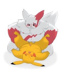 2026 absurd_res anthro bashemista belly big_belly blush duo generation_1_pokemon generation_3_pokemon genitals hi_res humanoid_genitalia humanoid_penis kemono male male/male moobs nintendo nipples open_mouth overweight overweight_male penis pikachu pokemon pokemon_(species) red_body sex simple_background white_background white_body zangoose