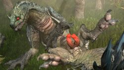 barlu capcom claws diphallia diphallism dragon erection fanged_wyvern feral genitals grass hi_res looking_at_viewer male male_only monster_hunter multi_genitalia multi_penis penis scales scalie solo text tobi-kadachi tree video_games