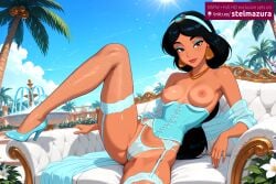 1girl ai_assisted ai_generated aladdin_(1992_disney_film) bare_shoulders black_hair blue_footwear blue_hairband blue_panties blue_sky breasts breasts_apart brown_eyes cameltoe cloud corset couch dark-skinned_female dark_skin day disney disney_princess earrings eyeshadow fishnet_thighhighs fishnets flower garter_belt garter_straps hairband high_heels hoop_earrings jasmine_(aladdin) jewelry lingerie long_hair looking_at_viewer makeup medium_breasts necklace nipples outdoors palm_tree panties princess princess_jasmine reclining royalty see-through sitting sky smile solo spread_legs stelmazura thighhighs topless tree underwear