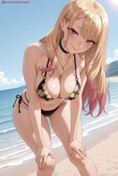 kiraamane ai_generated patreon seductive sexy uncensored watermark hi_res high_quality high_resolution marin_kitagawa blacked swimsuit bikini 1girl breasts nail_polish blonde_hair beach side-tie_bikini long_hair cleavage choker jewelry outdoors day black_bikini ocean navel looking_at_viewer smile solo earrings large_breasts bangs sky collarbone water pink_nails black_choker leaning_forward bent_over cloud eyebrows_visible_through_hair long_fingernails fingernails red_eyes red_nails blue_sky bare_shoulders pink_eyes lips blush necklace black_nails