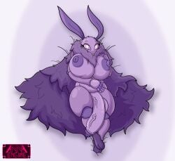 4_fingers absurd_res annaengine antennae_(anatomy) anthro areola arthropod balls bed bedroom_eyes belly big_areola big_balls big_breasts big_penis biped breast_squish breasts cape cape_only clothing crossed_legs curved_penis digital_drawing_(artwork) digital_media_(artwork) eyelashes fan_character feet fingers flaccid fluffy fluffy_clothing foreskin front_view fur furniture genitals glistening glistening_eyes gynomorph half-closed_eyes hand_on_belly hand_on_breast head_tuft hi_res hollow_knight hollow_knight_(franchise) huge_breasts huge_penis humanoid_genitalia humanoid_penis insect intersex lepidopteran looking_at_viewer lying mostly_nude moth mouthless multicolored_body multicolored_fur multiple_pupils narrowed_eyes neck_floof neck_tuft nipples nude on_back on_bed penis pink_eyes purple_areola purple_body purple_cape purple_clothing purple_fur purple_nipples purple_penis retracted_foreskin seducing_viewer seductive simple_background slightly_chubby slightly_chubby_gynomorph slightly_chubby_intersex solo squish team_cherry thick_thighs tuft vein veiny_penis white_background wide_hips