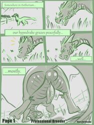 3:4 comic_page dragon embarrassed fenalia feral genitals hi_res hypodrake male male_only nature penis sketch_page solo steed text