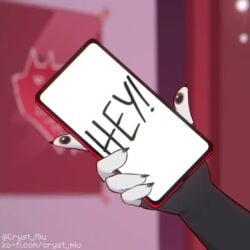 anthro artist_name bed bedroom big_breasts big_thighs cryst_chan cupcake cute door doorknob fangs female filming furry happy_birthday helluva_boss long_hair long_tail loona_(helluva_boss) mature_female mp3_player no_sound opening_door phone pillow pixelated_text plushie poster puffy_hair red_eyes rubik's_cube satanist tagme text video wagging_ears wolf_girl
