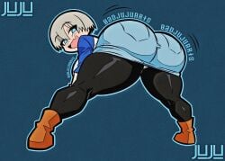 ankle_boots ass_focus ass_shake baby_blue_clothing back_view badjujuarts bent_over black_pantyhose blue_background blue_clothing blue_eyes blue_skirt boots bowl_cut brat brown_boots denim_shorts denim_skirt fang feet_apart female from_behind full_body grey_hair huge_ass kneepits large_breasts legs_apart light-skinned_female light_skin looking_back mesugaki motion_lines outline pantyhose raglan_sleeves shaking_ass shorts simple_background skin_fang skirt smile smug solid_color_background solo standing uzaki-chan_wa_asobitai! uzaki_hana white_outline redraw