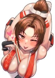 gupunetsu mai_shiranui snk fatal_fury king_of_fighters 2d 2d_(artwork) sexy sexy_pose teasing teasing_viewer cleavage tongue_out tongue winking_at_viewer blush heart bent_over on_all_fours on_knees tits boobs object_between_breasts breasts big_breasts large_breasts