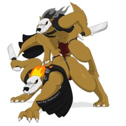 1:1 2020 alpha_channel anthro bikini bone bulge canid canine cape claws clothed clothing dagger duo fire flaccid forsburn fur hair male male/male male_only mammal melee_weapon muscular notkastar piercing rivals_of_aether signature simple_background skull swimwear underwear underwear_pull video_games weapon