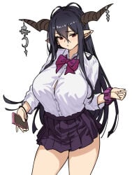 1girl ahoge black_hair blush breasts brown_horns cleavage danua draph flat_color granblue_fantasy half-closed_eyes horns houtengeki jewelry large_breasts large_horns long_earlobes long_hair looking_to_the_side phone purple_ribbon purple_skirt red_eyes ribbon school_uniform scrunchie shirt simple_background sketch skirt solo standing tagme thighs very_long_hair white_background white_shirt