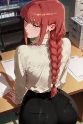 kiraamane ai_generated patreon seductive sexy uncensored watermark hi_res high_quality high_resolution makima_(chainsaw_man) chainsaw_man office_lady 1girl braid skirt desk sitting ass looking_at_viewer braided_ponytail shirt paper bangs long_hair office yellow_eyes formal pencil_skirt looking_back suit smile black_skirt collared_shirt black_pants ringed_eyes