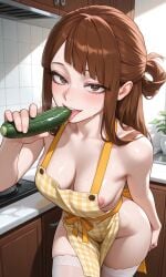 brown_hair brown_eyes ai_generated pale_skin original_character long_hair demon_slayer bangs kimetsu_no_yaiba my_hero_academia mizuki_hoshizora apron apron_only apron_aside apron_between_breasts nipples nipple_slip looking_at_viewer looking_pleasured horny horny_female cooking cooking_pot cucumber cucumber_masturbation cucumber_in_mouth licking tongue tongue_out teasing_viewer teasing looking_up yellow_apron flirting flirting_with_viewer