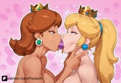 2girls ai_generated big_breasts double_dildo double_dildo_deepthroat floresai huge_breasts lesbian mario_(series) nintendo patreon patreon_url patreon_username princess princess_daisy princess_peach royalty sex_toy super_mario_bros teasing throat_bulge yuri