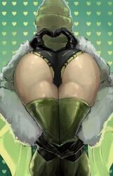 ass ass_focus bent_over female fit fit_female green_background green_clothing green_legwear green_theme green_thighhighs insect_girl insect_humanoid juniper_(egocider) juniper_actias moth_girl moth_humanoid praise_da_booty_(meme) presenting_ass presenting_hindquarters rear_view round_ass rowan_weir solo