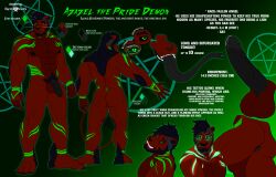 anthro anus arm_tattoo azazel_superbia balls big_breasts big_butt black_anus black_flesh black_penis black_sclera bodily_fluids breasts brown_body brown_fur butt chest_tattoo demon digital_media_(artwork) elemental_manipulation english_text erection felid feline fire fire_manipulation fur genitals green_eyes green_tattoo hair hi_res kay_(azazel) kay_powers leg_tattoo lion looking_at_viewer male mammal markings model_sheet neck_tattoo nipples nude open_mouth pantherine pawpads paws penis pupils reference_image simple_background slit_pupils smile solo tail tattoo teeth text