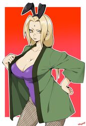 big_breasts blonde_hair brown_eyes bunny_ears bunny_girl bunnysuit female female_only haori long_hair mature_female naruto solo solo_female solo_focus tsunade twintails woogleboy