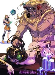 absurdres anger_vein armlet ass asymmetrical_arms beard bent_over bent_over_furniture black_hair blush bracer breasts clenched_teeth commentary english_commentary facial_hair glowing_feet gold_armlet grabbing_another's_hair green_lips hades_(series) hades_2 heracles_(hades) highres holding_another's_hair interrupted jewelry knightdecayed laurel_crown lion_hood long_beard medea_(hades) melinoe_(hades) muscular muscular_male scar sex short_hair single_thighhigh teeth thighhighs