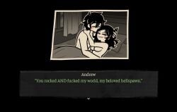 1boy 1girls 2d after_sex andrew_graves ashley_graves bed bite_mark bite_marks black_hair blush breasts brother_and_sister bublstep closed_eyes cuddling dialogue english_text female game_ui gameplay_mechanics hand_in_hair happy incest kissing kissing_hair lying_on_bed male nude scratch_marks scratches siblings straight text text_box text_bubble the_coffin_of_andy_and_leyley