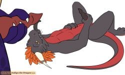 2026 absurd_res anthro arix_(razim) arix_crim claws dragon eye_scar facial_scar feather_hair feathers genitals grey_body grey_scales hi_res horn horn_jewelry horn_ring indigo_the_dragon indigo_the_dragon_(character) jewelry kobold licking male masturbation mythological_creature mythological_scalie mythology nude oral orange_eyes penile penis penis_lick pseudo_hair red_body red_scales reptile ring_(jewelry) scales scalie scar sex snout snout_scar tail toe_claws tongue